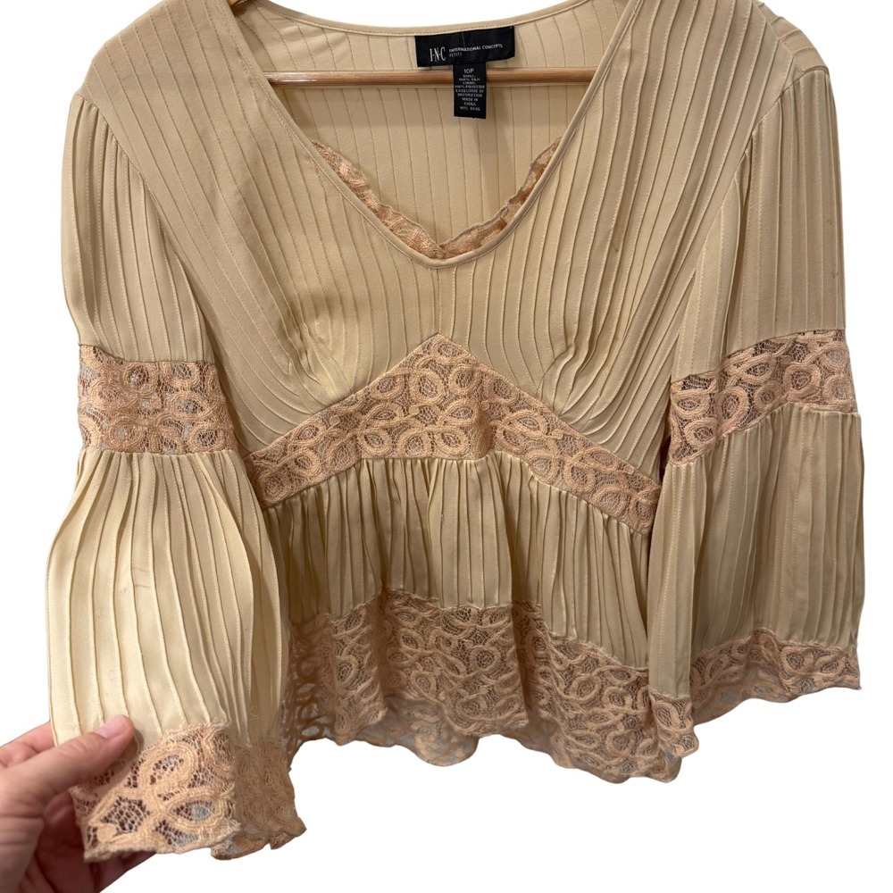 INC Y2K Silk Babydoll Top Lace‎ Empire Waist Bell Sleeve Romantic Vintage Fairy